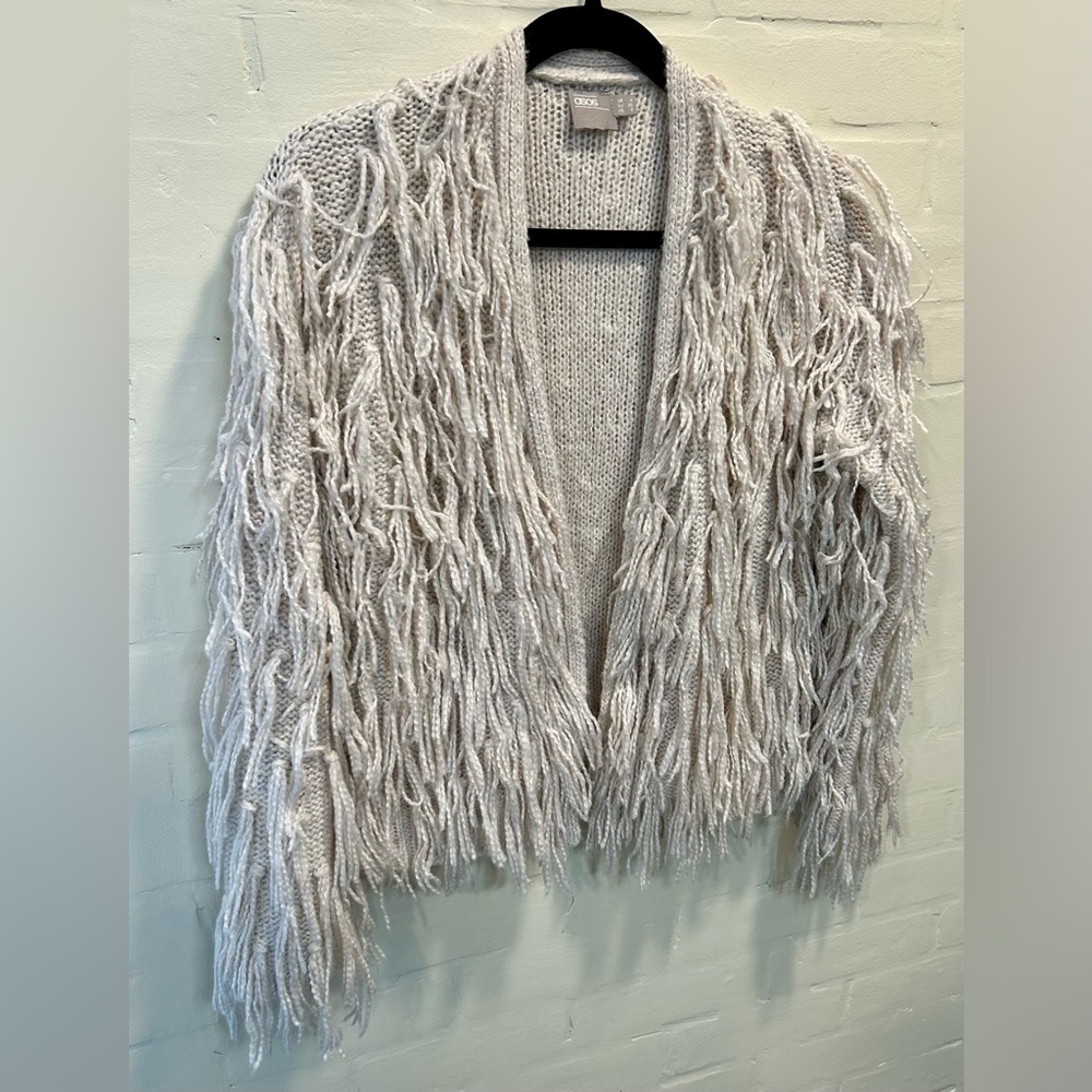 ASOS Cream Fringe Shaggy Open Front Cardigan Boho Festival 70’s Revival Size 0 - Picture 4 of 7